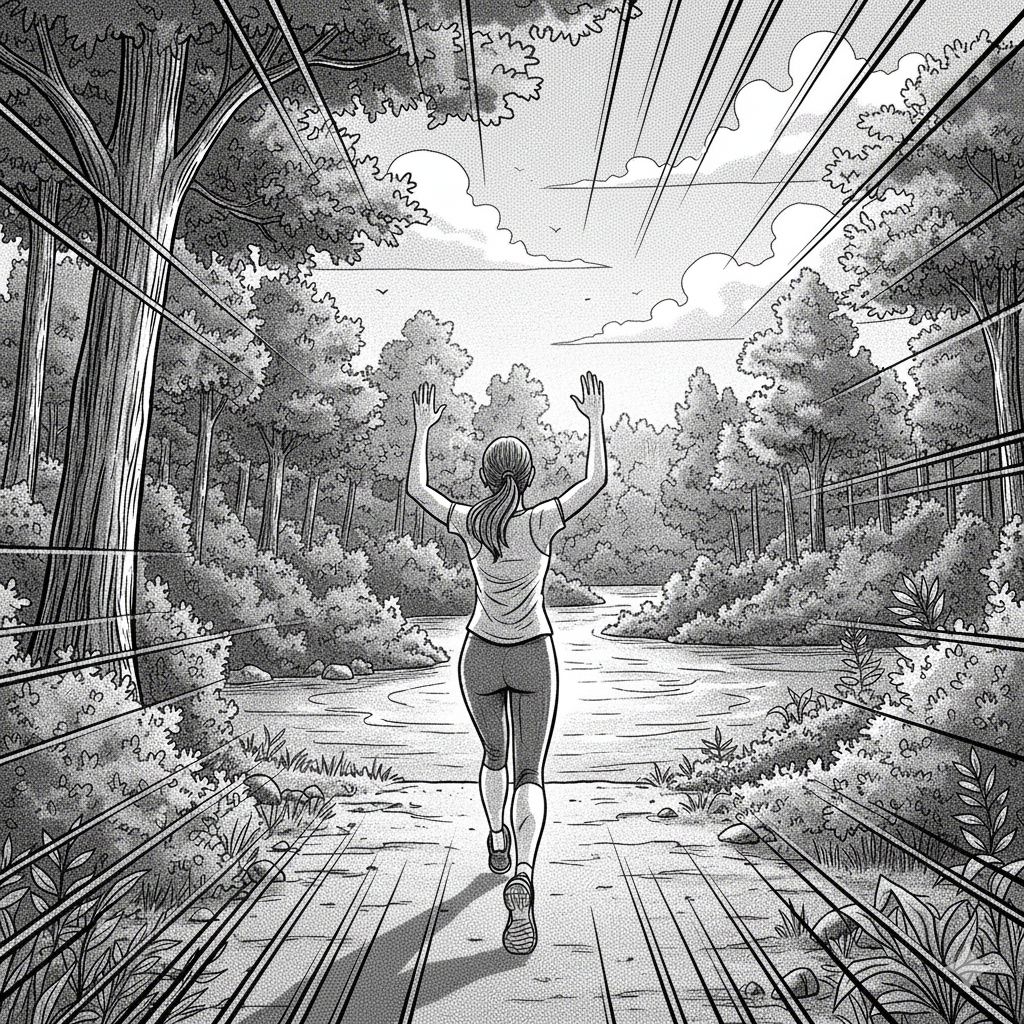 běžící žena k řece, která mává, Koukáme jí na záda