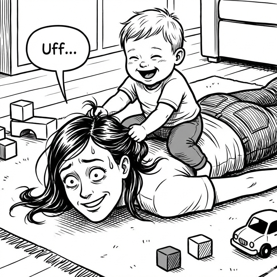 Máma leží na zemi a sedí na ní dítě