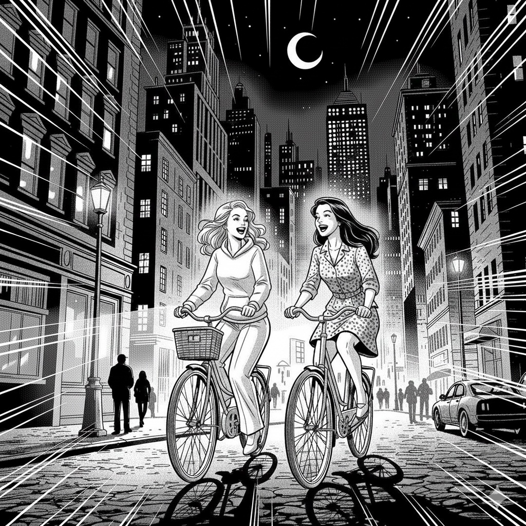 Dvě ženy jedou na kole nocí