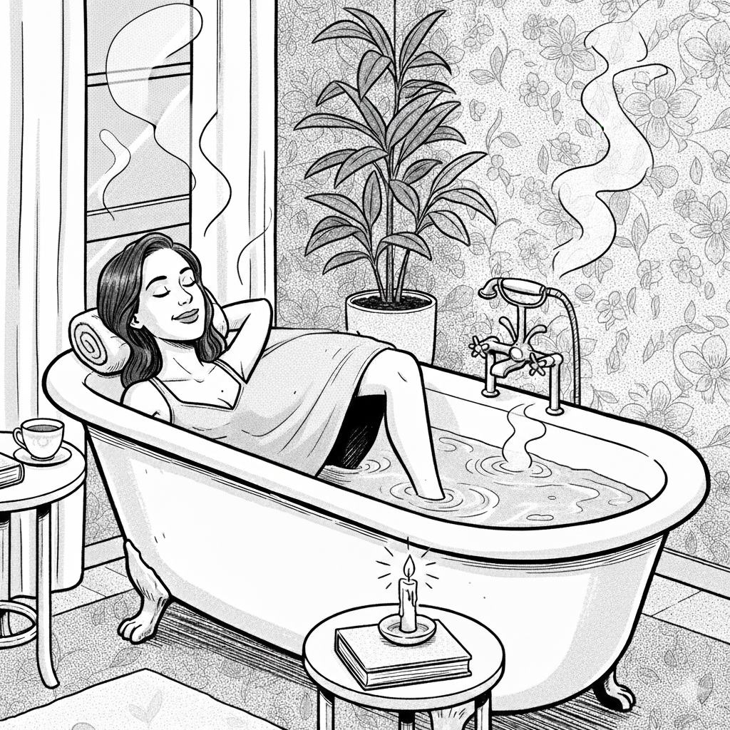 žena odpočívající ve vaně s rukama za hlavou, se svíčkouu vany