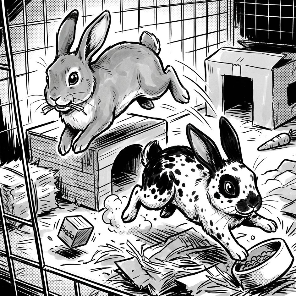 Dva králíci skáčou v kleci