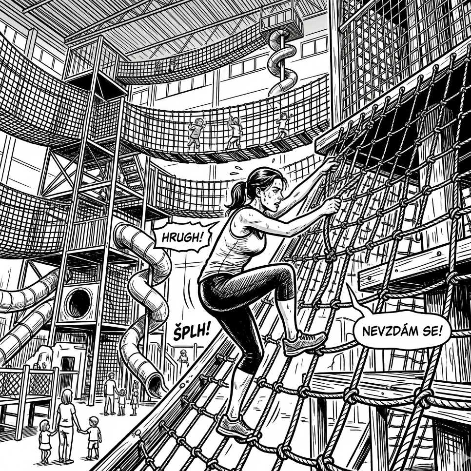 Žena šplhající po síti v dětském parku