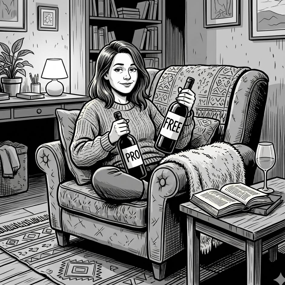 Žena sedící na křesle a držící dvě lahve s vínem